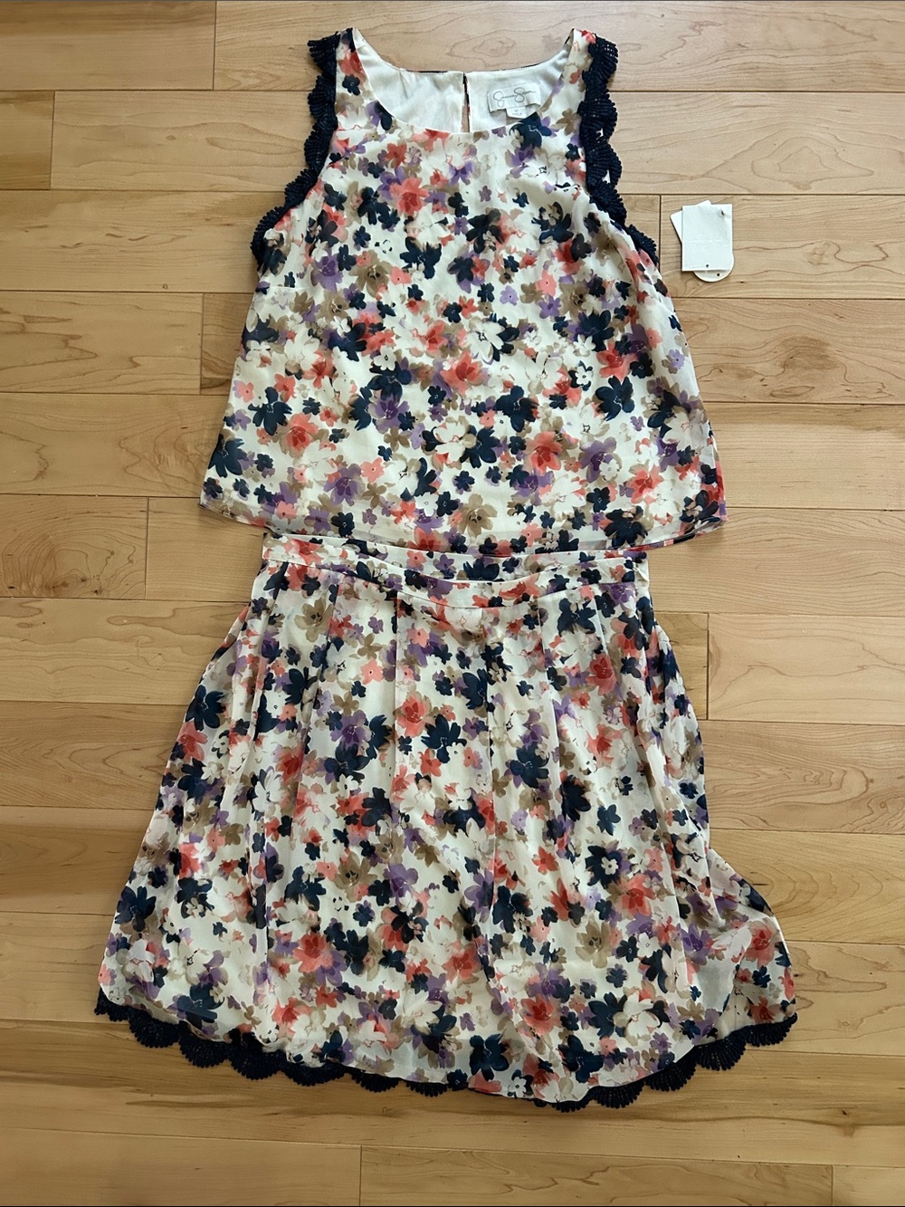 Jessica Simpson Cream Floral Tank & Skirt Set with Navy Trim